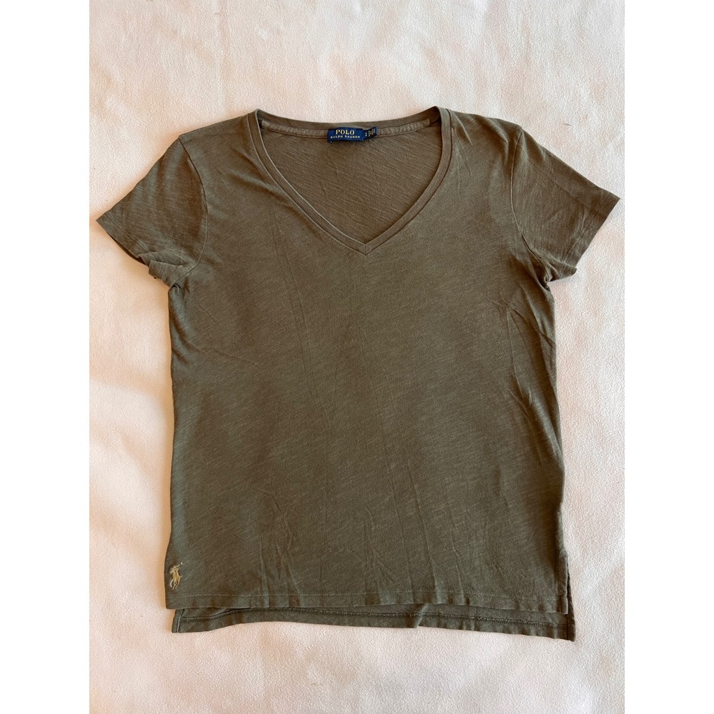 Polo Ralph Lauren Women Green V Neck Short Sleeve T Shirt Casual Top Size S